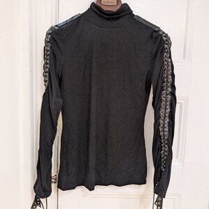 Gracia Women's Lace up Faux Leather Trim Long Sleeve Black Turtleneck Top Size S
